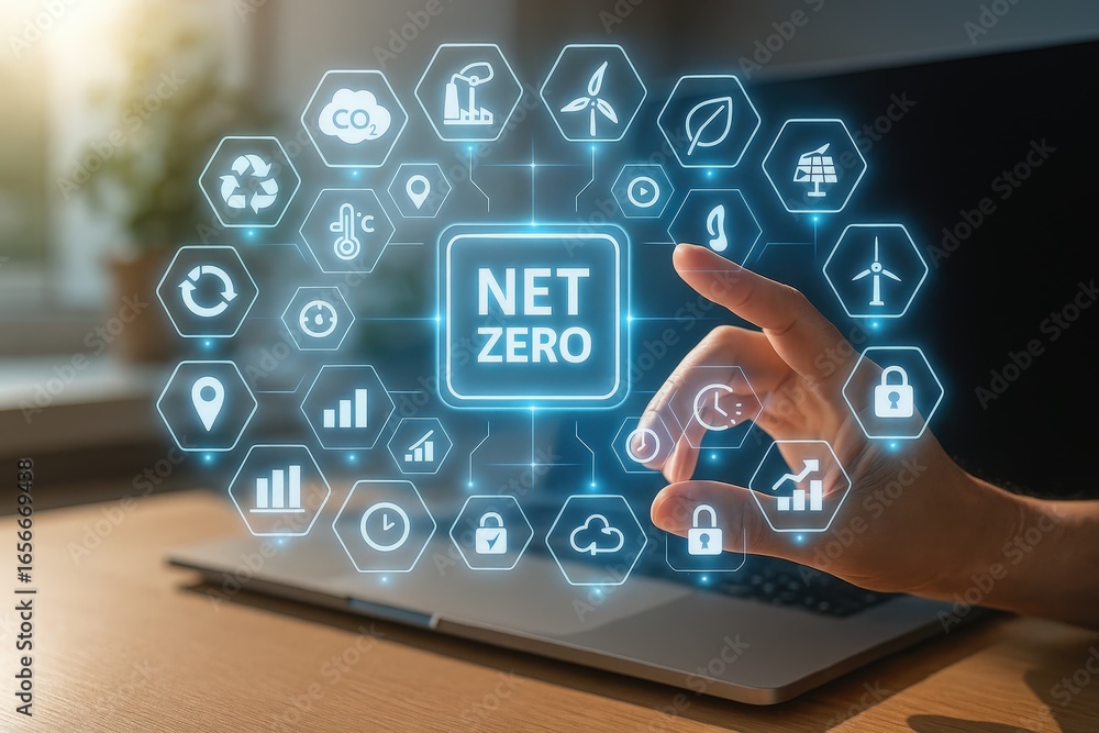 Poster a hand interacts with a digital interface displaying a net zero concept, surrounded by environmental