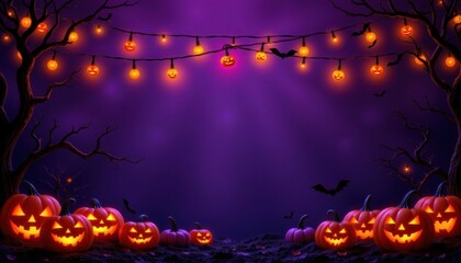 A festive Halloween scene set against a dark, moody backdrop with a deep purple hue that gradually lightens towards the center, creating a subtle gradient effect