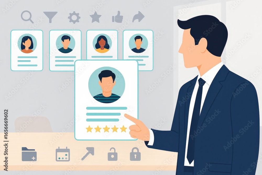 Poster a businessman reviews candidate profiles displayed on a digital interface, highlighting a specific p