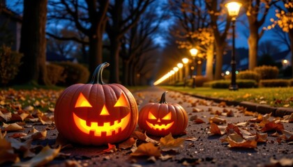 The image features two carved pumpkins lit from within, positioned on the ground amidst fallen autumn leaves, The pumpkins have mischievous, jagged smiles and triangular eyes