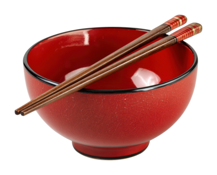 Elegant red bowl with chopsticks asian cuisine isolated on transparent background - Powered by Adobe