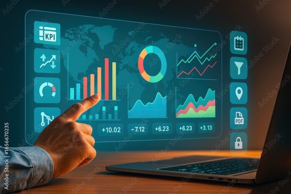 Poster a hand interacts with a holographic dashboard displaying key performance indicators and various data
