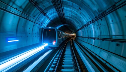 High Speed Subway Train in Dimly Lit Underground Tunnel