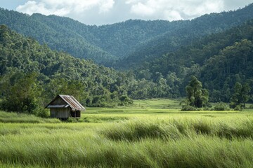 Fototapeta premium Tranquil rural scene. Lush green rice paddy, small wooden hut, and distant mountains
