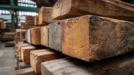 Stacked Brown Wooden Beams Rough Cut in Industrial Setting