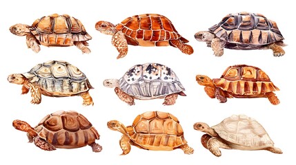 Colorful wise tortoise with many size, watercolor illustration on a white background in a realistic style. Template. Hand drawing. Close-up. Clip art