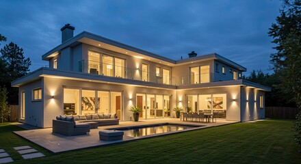 Stunning modern luxury home illuminated at dusk with inviting swimming pool and sophisticated outdoor living space, perfect for upscale real estate marketing and lifestyle content