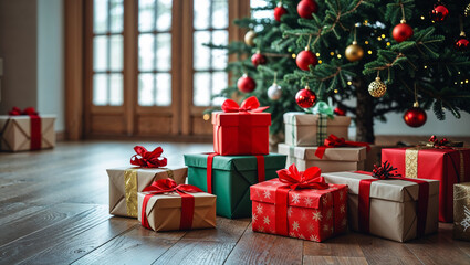 Christmas gifts lying under decorated christmas tree with fairy lights