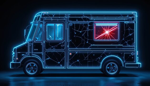 A side view of a futuristic delivery van, outlined in vibrant neon blue light, highlighting its intricate, connected structure.