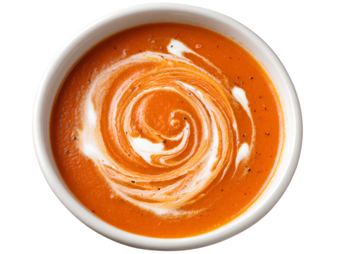 Creamy Tomato Soup in White Bowl with Swirl Garnish, Top-Down View, Isolated on Transparent Background
