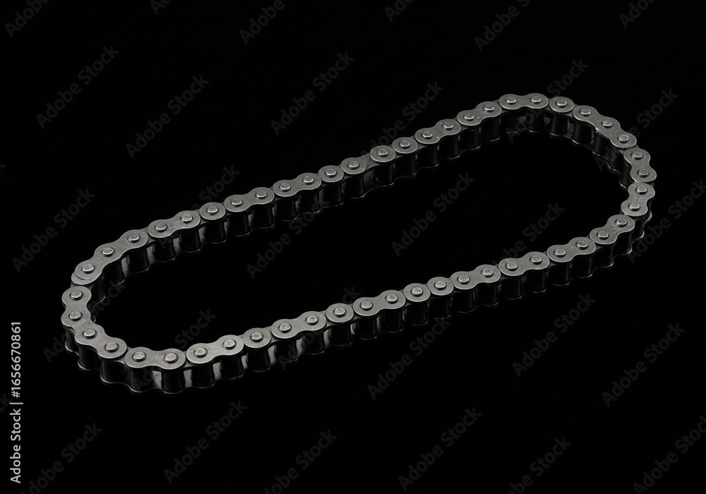Poster a metallic chain arranged in an oval shape against a dark background in a studio shot
