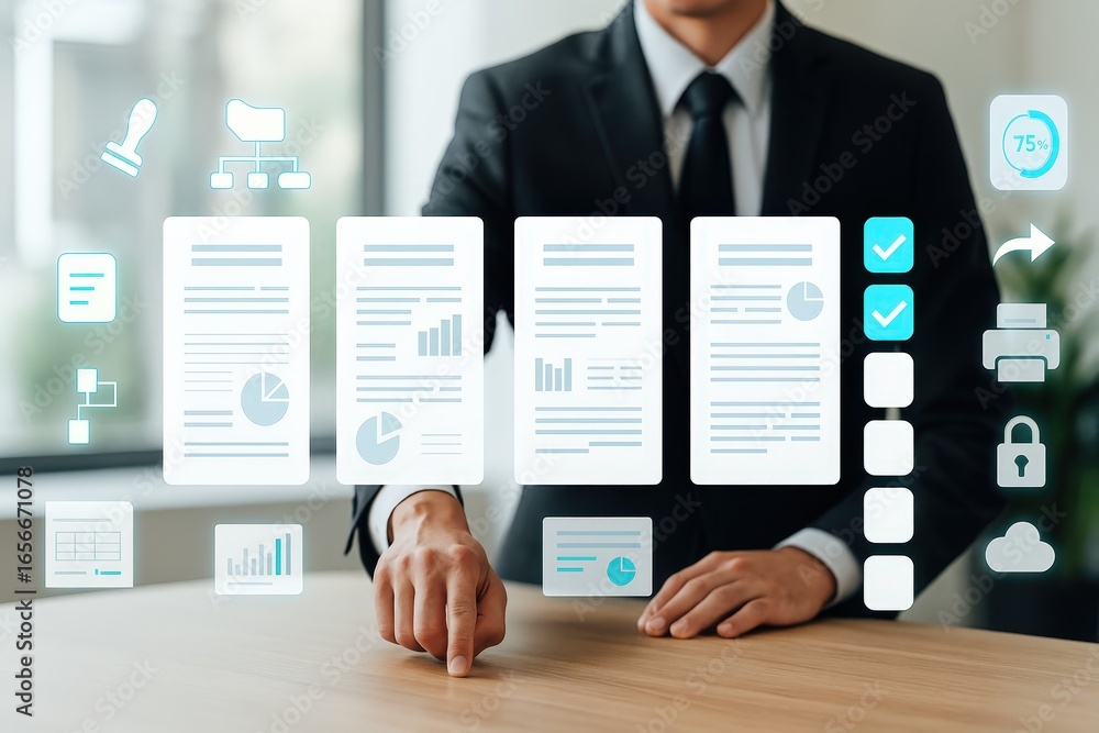 Poster a businessperson interacts with digital documents displayed on a transparent surface, highlighting d