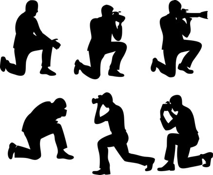 Silhouette of photographers in various poses with cameras