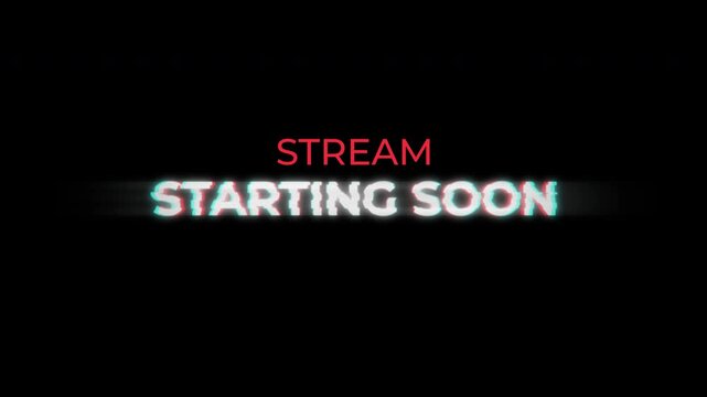 stream starting soon motion text animation with glitch pixel effect and color. Red and White text. 4k Video