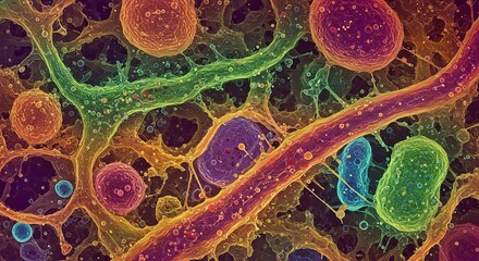 Vibrant abstract visualization of microscopic cellular structures and biological networks glowing with colorful energy, perfect for science and health concepts