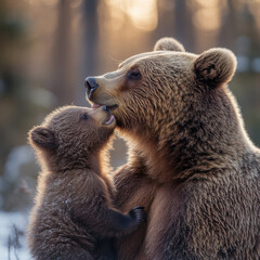 Mother bear lovingly grooms her cub.