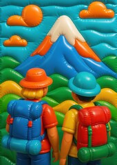 Colorful hikers admire mountain.