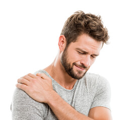 Obraz premium Man grabbing shoulder in pain emotional expression portrait isolated on transparent background