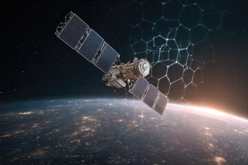 Satellite orbiting Earth, digital network overlay