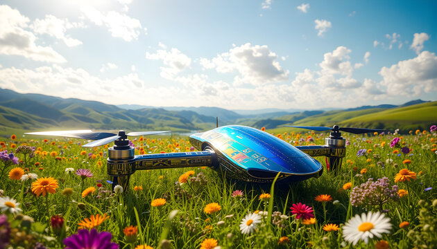 A blue drone is sitting in a field of flowers
