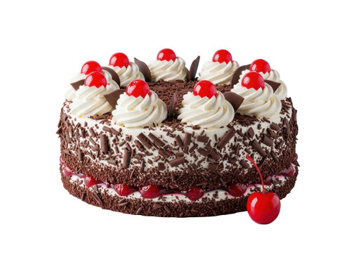 Decadent Black Forest cake with whipped cream, chocolate, and maraschino cherries on transparent, 45-degree angle, studio photo, concept of gourmet indulgence.