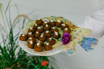 Appetizing golden bites served on a decorative fish platter at an outdoor gathering in springtime