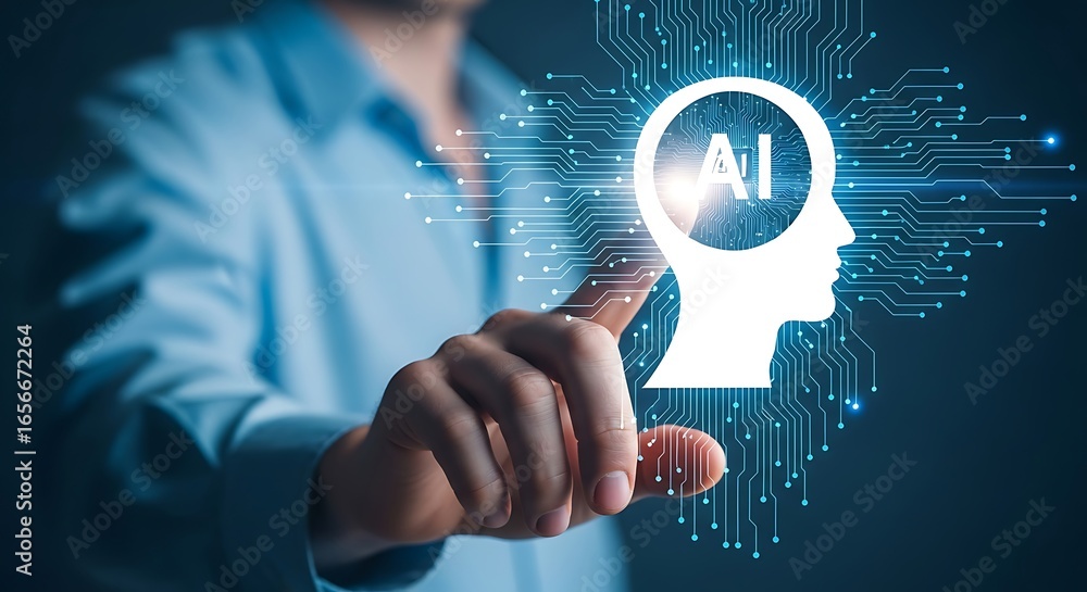 Fototapete person interacting with ai artificial intelligence brain technology futuristic interface digital net