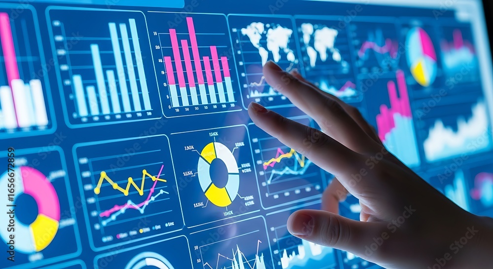 Aufkleber hand interacting with futuristic digital display showing complex data analytics and financial charts
