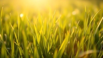 Field of spring grass under soft sunlight, evoking a serene natural atmosphere.