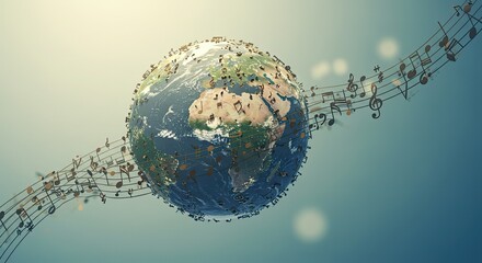 Captivating Earth embraced by global symphony of musical notes, celebrating universal harmony and worldwide artistic expression through a vibrant, ethereal melody.