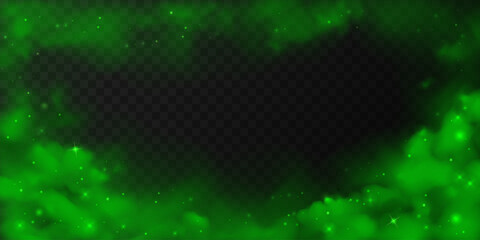 Green smoke clouds with sparkles isolated on transparent background. Realistic toxic fog, evil magic mist, mystical potion haze. Vector illustration, decoration for banner, backdrop, Halloween design.