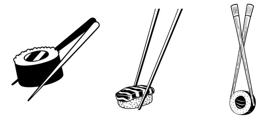 Japanese sushi set with maki rolls and nigiri in chopsticks, traditional Asian food of salmon, tuna, rice, and nori, gourmet cuisine © OS