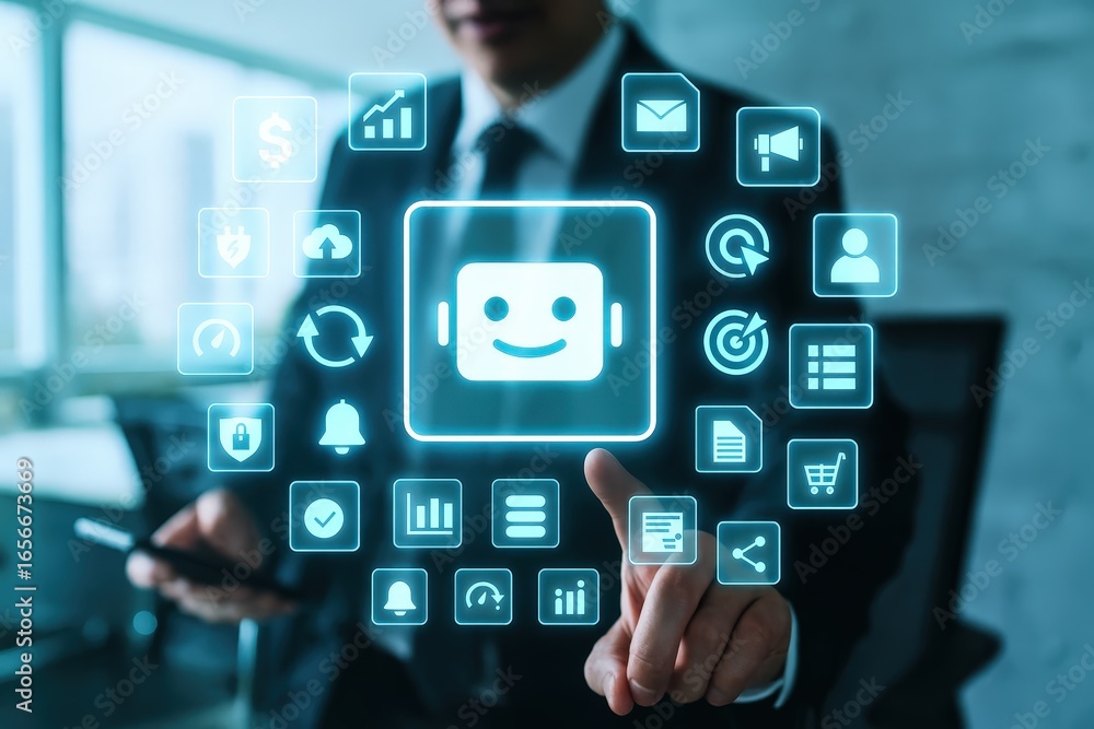 Poster a person interacts with a futuristic interface showcasing various business applications, including d