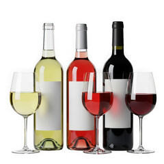 Three bottles of red, white, and rose wine with glasses filled with wine, isolated on transparent background