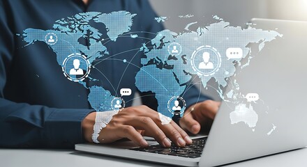 Global business connectivity person typing on laptop with digital world map overlay connecting ideas and technology