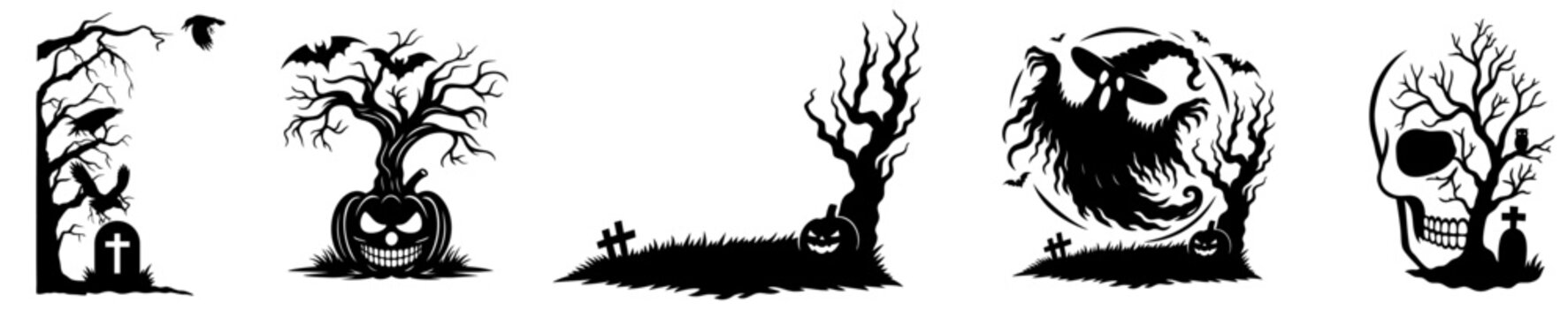 Haunted Halloween set with twisted dead trees, skull with empty eye socket, ghost in witch hat, grave with cross, pumpkin with sinister grin, crows and bats as guardians of eternal darkness