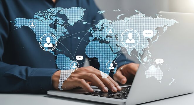 Global business connectivity person typing on laptop with digital world map overlay connecting ideas and technology