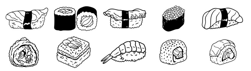 Japanese sushi and rolls set with nigiri, maki, uramaki, futomaki, California roll, Philadelphia roll, tamago, salmon, tuna, shrimp, avocado, and caviar, traditional Asian food collection