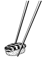 Japanese nigiri sushi with rice and raw fish slice in chopsticks, traditional sushi of salmon or tuna, classic Asian cuisine