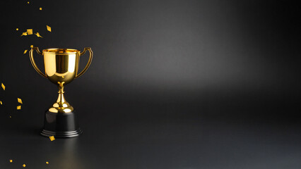 Golden trophy cup with falling confetti animation on a dark background. Concept of victory, success, and achievement. Award celebration with large copy space for text or graphics. Winner's prize.