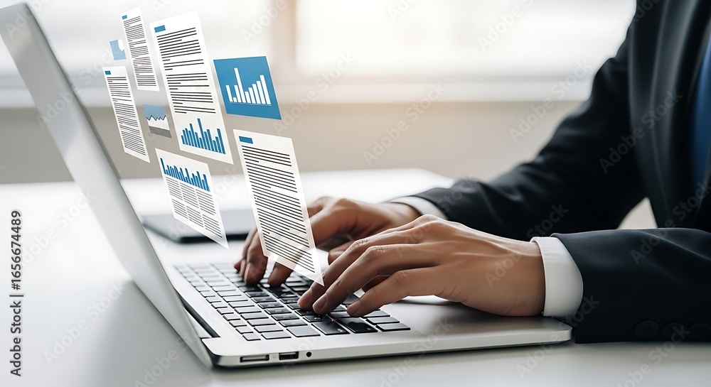 Aufkleber business professional typing on laptop with digital data streams emerging from screen representing f
