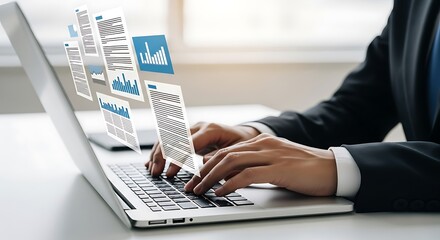 Business professional typing on laptop with digital data streams emerging from screen representing finance and technology concepts