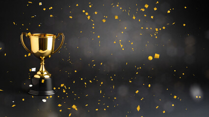 Golden trophy cup award with falling confetti animation on a dark background. Concept of victory, success, and celebration. Champion's prize with copy space for text. Realistic 3D rendering.