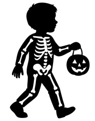 Shadow of a little child wearing skeleton outfit, carrying glowing pumpkin lantern while wandering through the haunted streets on October 31, mysterious figure