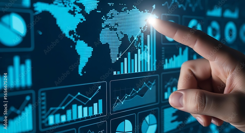 Aufkleber digital data analysis touchscreen interface with global information and financial charts analyzed by