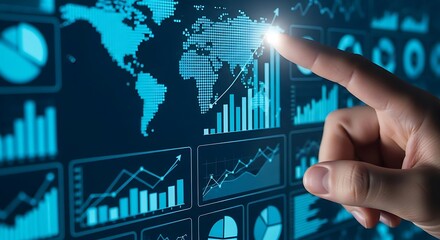 Digital data analysis touchscreen interface with global information and financial charts analyzed by a human finger