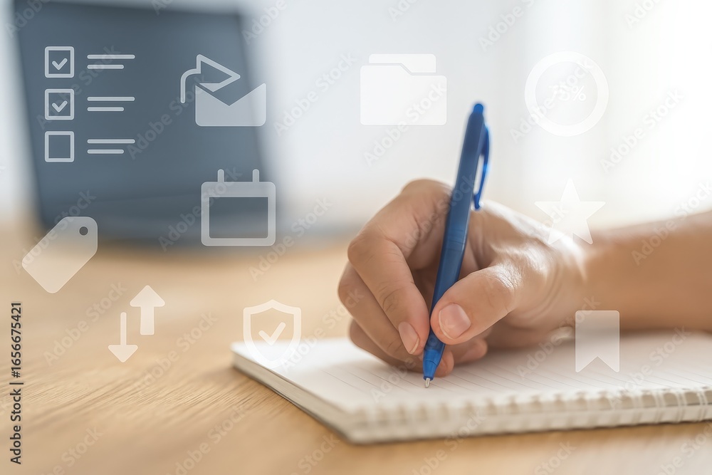 Poster a hand writing in a notebook, surrounded by translucent icons representing tasks, scheduling, and fi