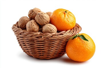 A woven basket filled with assorted walnuts, showcasing their rough shells, alongside vibrant oranges with shiny skins. This setup creates a healthy snack display perfect for any kitchen setting.