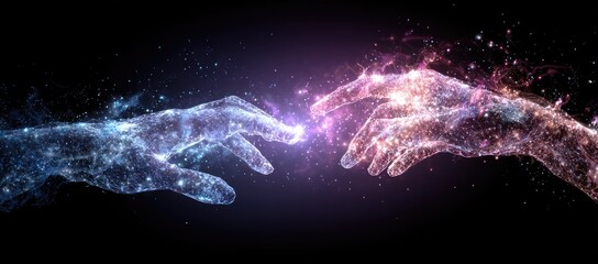 Two ethereal hands, glowing with cosmic particles, reaching towards each other