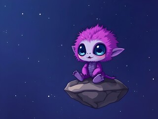 Fototapeta premium A cute, small alien with fuzzy purple fur, sitting on a floating rock in space.